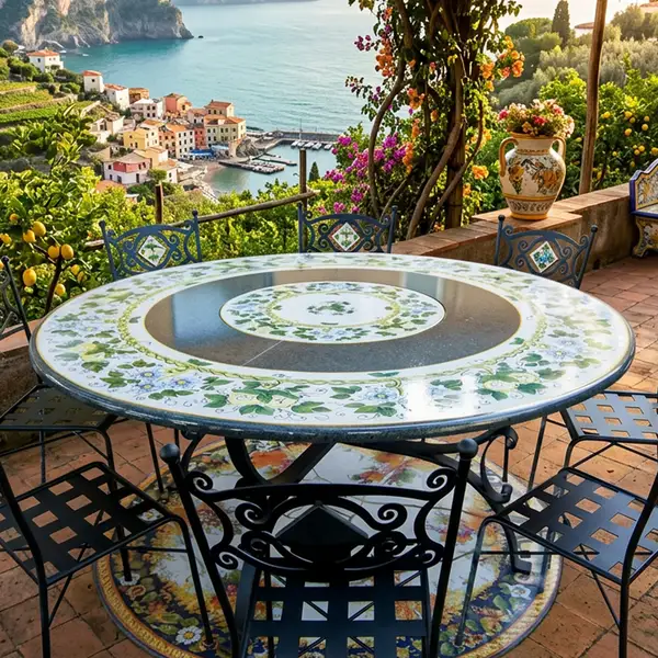 Tavoli rotondi in pietra lavica decorati a mano