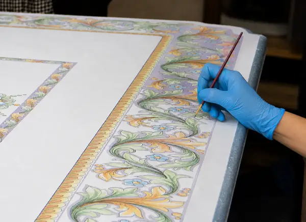 Decorazione a mano del bordo di un piano in pietra lavica Artesole