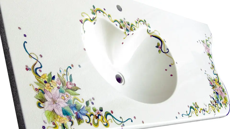 Piano per bagno Piano per bagno in pietra lavica con decoro fiori decorato a mano in stile Vietrese