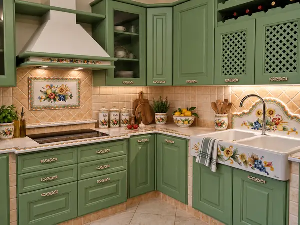 Angolo della cucina Siracusa tra piano cottura, pensili verde salvia e lavello con frontale decorato