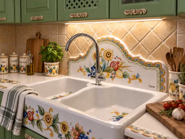 Particolare del lavello Siracusa con alzata sagomata decorata con girasoli, limoni, uva e melograno
