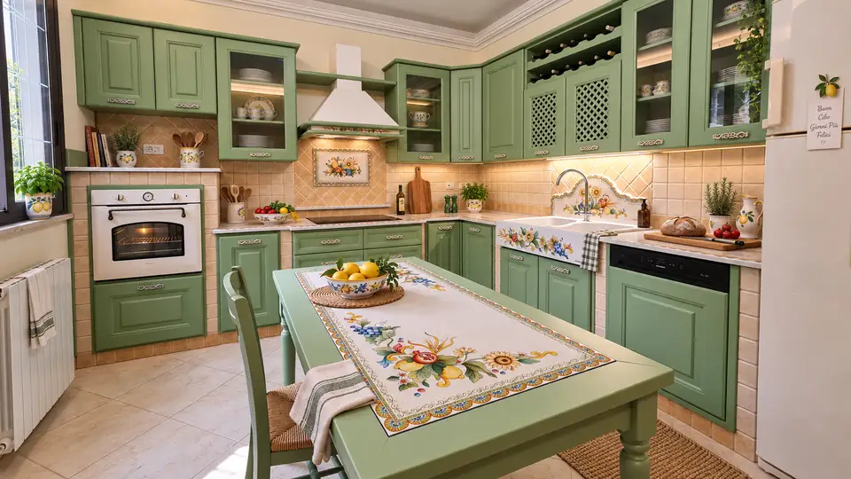 Vista completa della cucina angolare Siracusa verde salvia con lavello decorato e tavolo coordinato