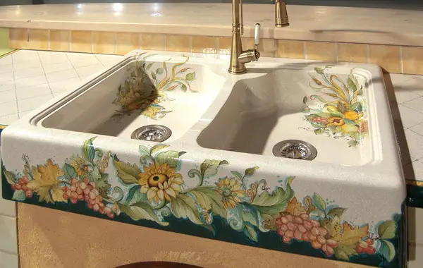 Lavello in pietra lavica due vasche decorato a mano lavello cucina in muratura decorato