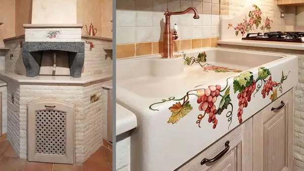 Forno per pizze e Lavello decorato forno per pizze realizzato su misura in muratura smontabile e lavello in pietra lavica decorato a mano