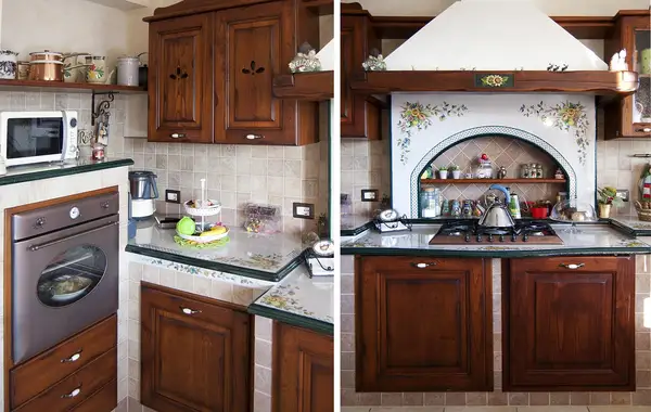 Cucina Treviso: colonna forno e zona cottura Cucina Treviso: due viste della colonna forno e del piano cottura ribassato sotto la cappa