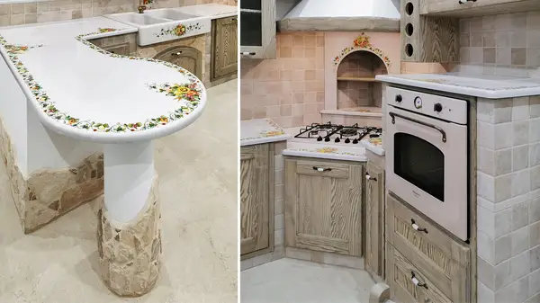 Cucina Venezia: due viste della penisola decorata e del forno rialzato