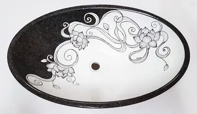 Lavello bagno in pietra lavica con decoro moderno, codice LAV018. Soluzione su misura con decorazione artigianale.