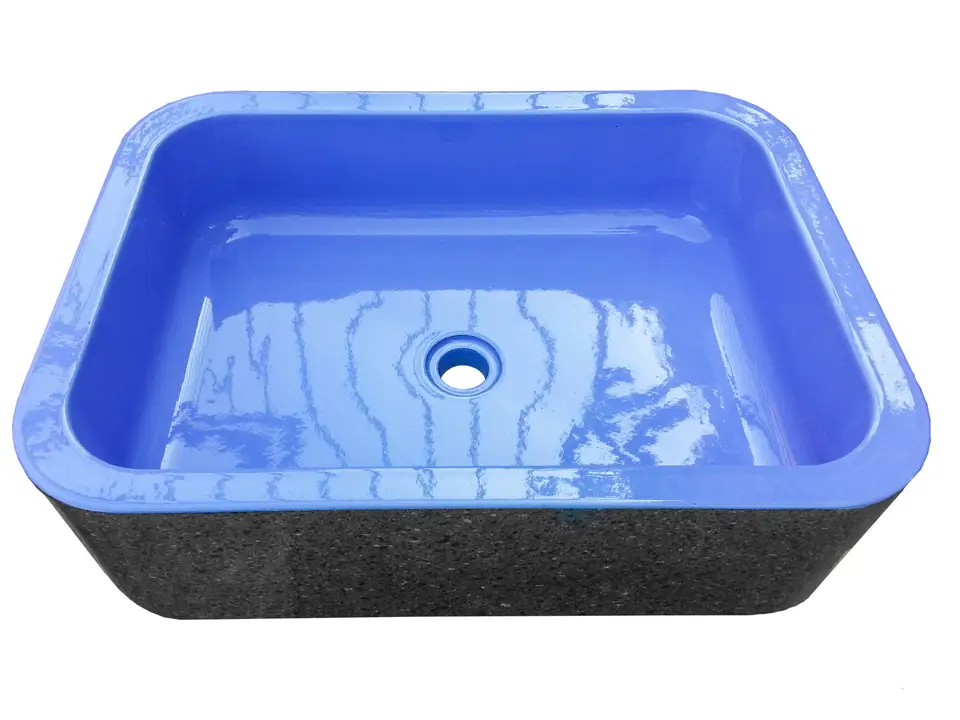 Lavabo da appoggio in pietra lavica rettangolare con interno blu, codice LAV023. Realizzato su misura per bagni personalizzati.