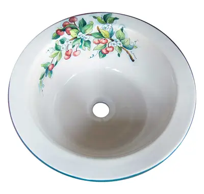 lavello in ceramica con decoro ciliegie, decorato a mano