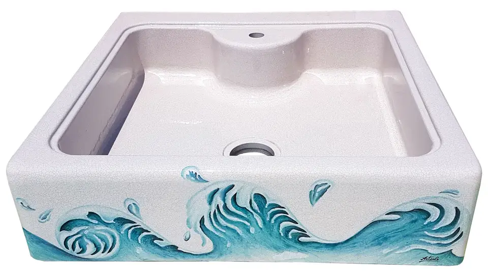Lavello in pietra lavica con decoro Onde del Mare decorate a mano