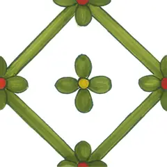 Mattonella decorata con una cornice a rombo verde, un fiore verde con centro giallo e fiori con centri rossi ai vertici su fondo bianco