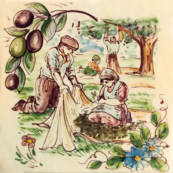 Mattonella decorata con una scena di raccolta delle olive con figure, un ulivo, rami carichi di olive e fiori blu su fondo chiaro
