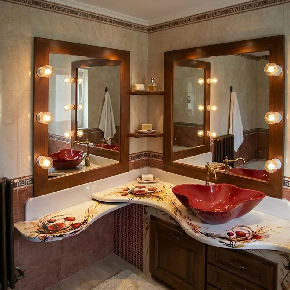 mobile bagno con top in pietra lavica con decoro papaveri