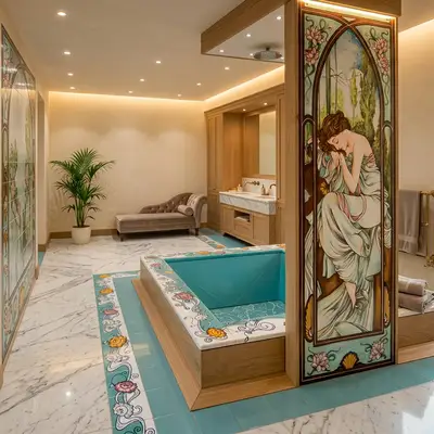 vasca da bagno con doccia, realizzata in pietra lavica dell'Etna decorata a mano