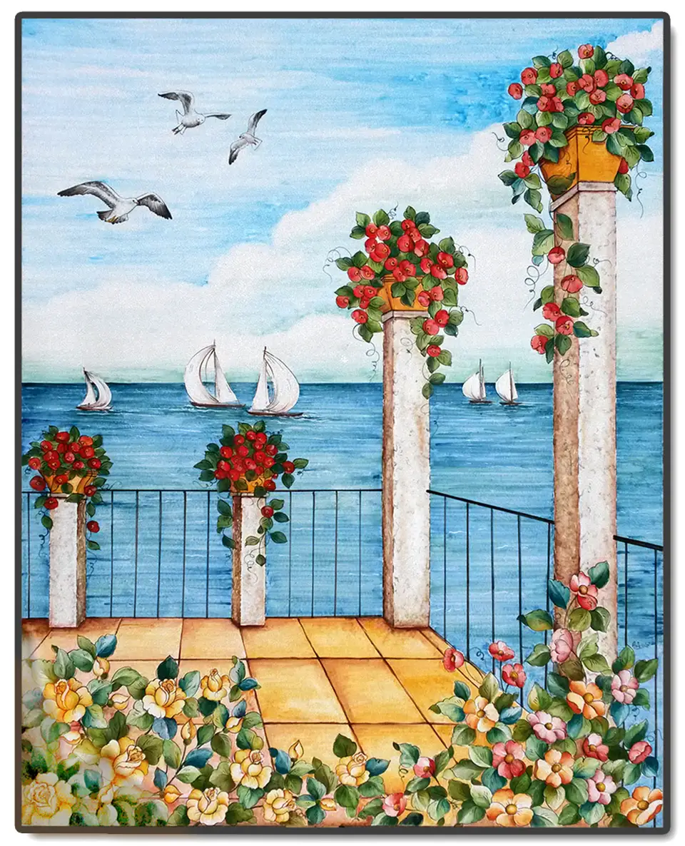 dipinto su pietra lavica. terrazza con vista mare