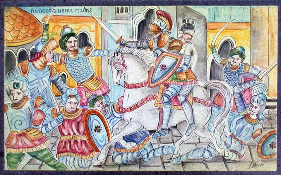 Pannello in pietra lavica con rappresentazione di Ruggero che libera Milone, decorato a mano