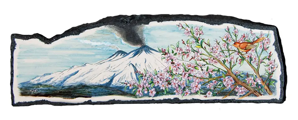 Pannello realizzato in pietra lavica ceramizzata con decoro Etna e Fiori di Pesco