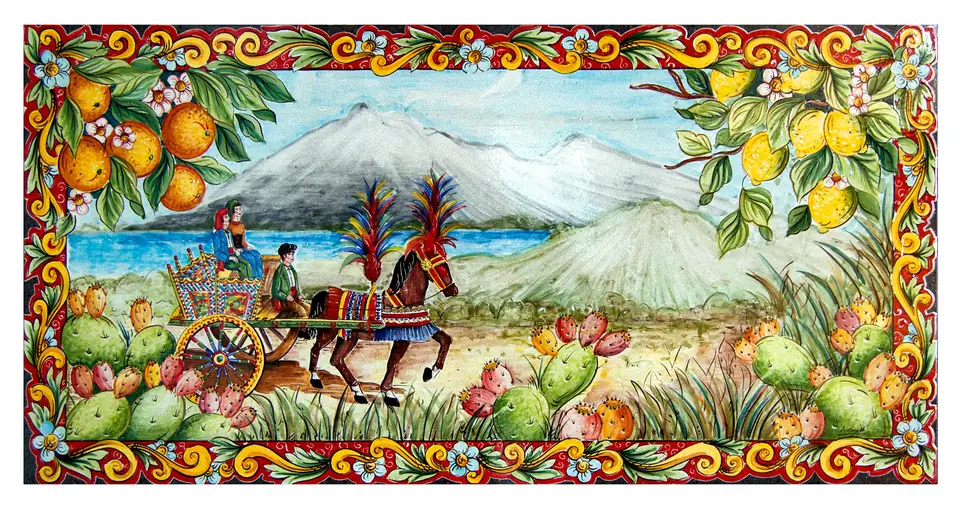 Carretto Siciliano decorato a mano su pietra lavica ceramizzata. decoro carretto siciliano, arance, limoni, fichi d'india e Etna