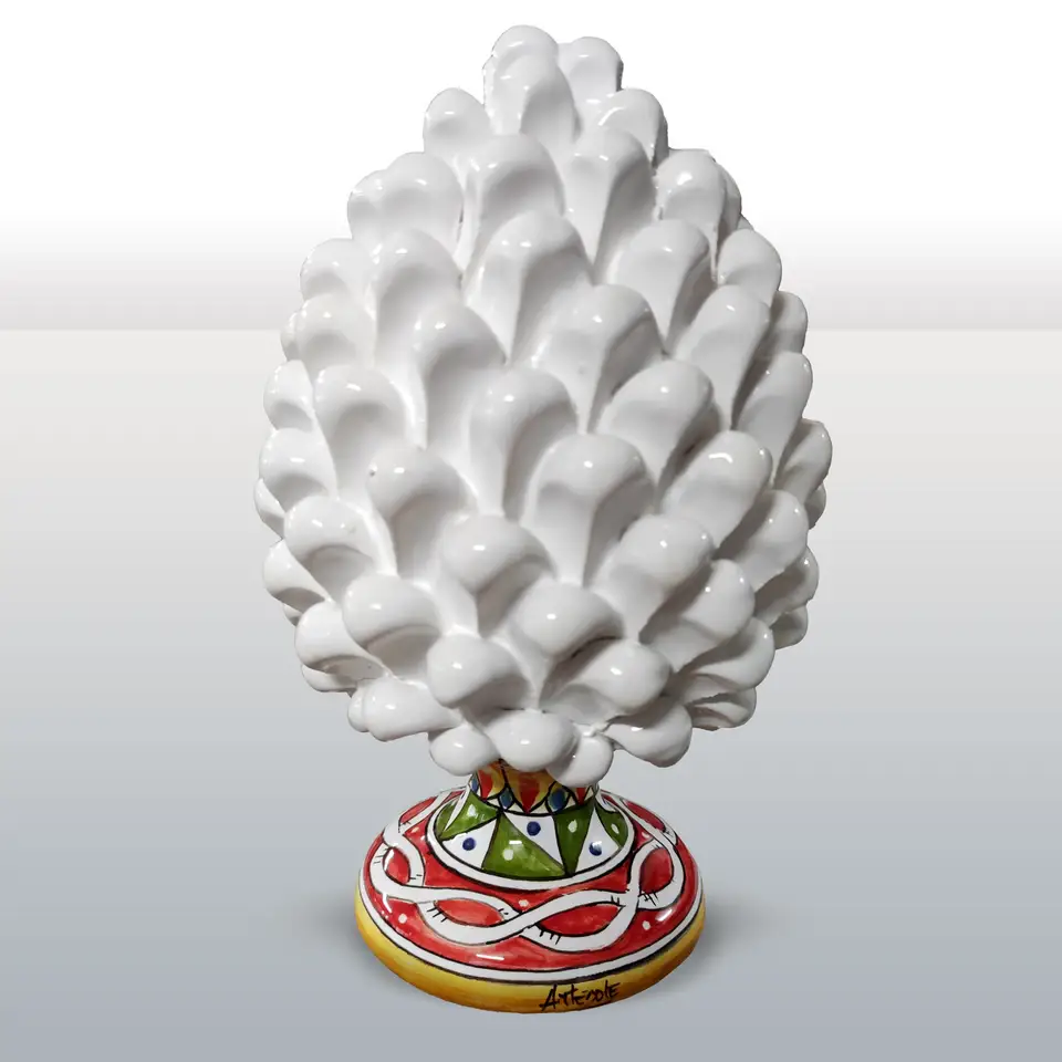 Pigna in Ceramica decorata h21 bianca con base decorata