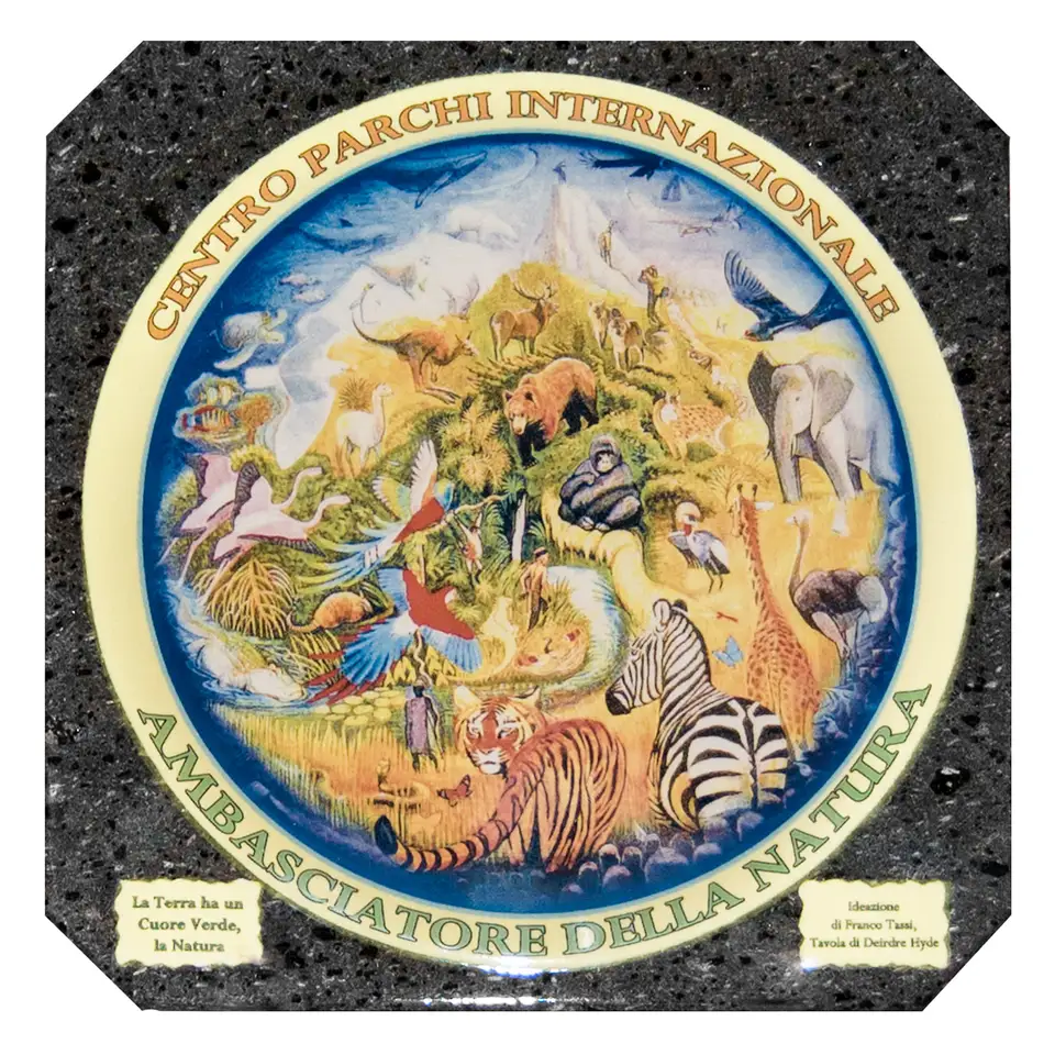 Targa in pietra lavica Centro Parchi Internazionale Ambasciatore della natura realizzata in fotoceramica