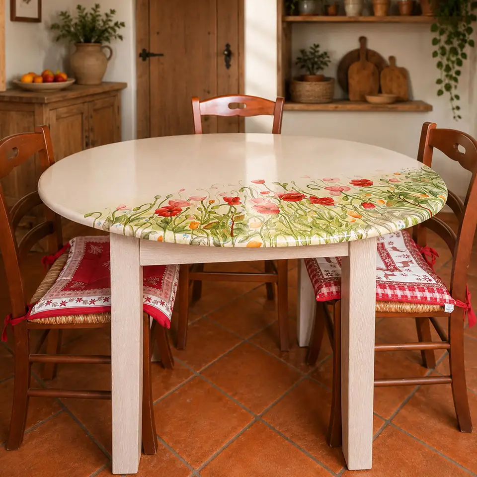 Tavolo in legno massello con top in pietra lavica decorata a mano