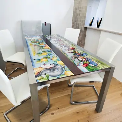 tavolo moderno acciaio pietra lavica decoro