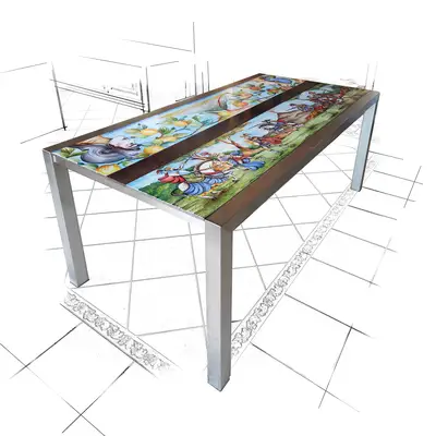 Tavolo moderno con base in acciaio e fasce in pietra lavica decorate