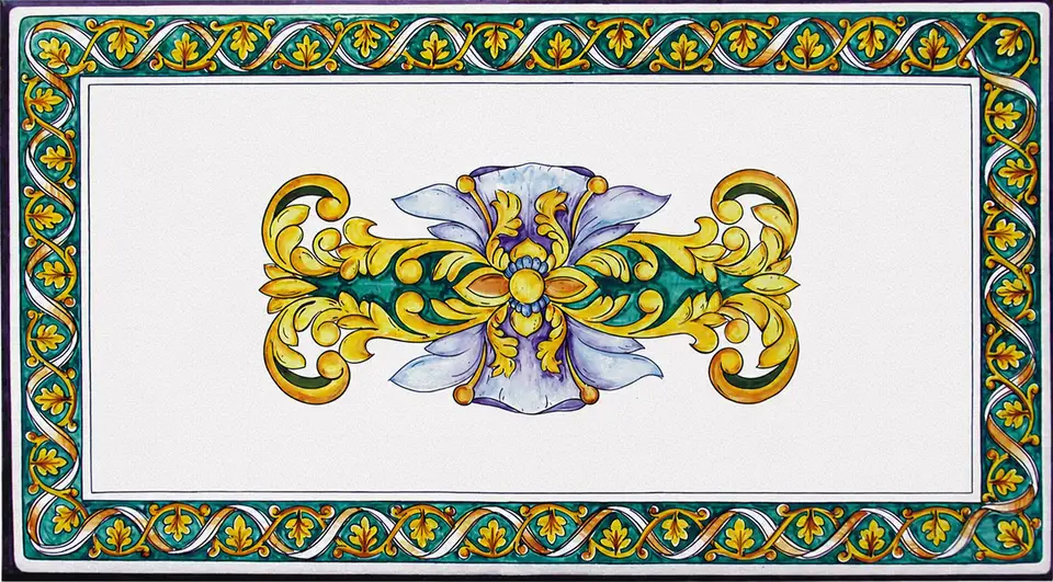 Tavolo in pietra lavica con decoro Giro Foglie di Caltagirone, dipinto a mano