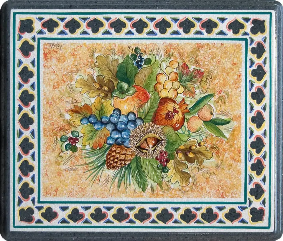 Tavolo in pietra lavica decorato a mano con decoro castagne