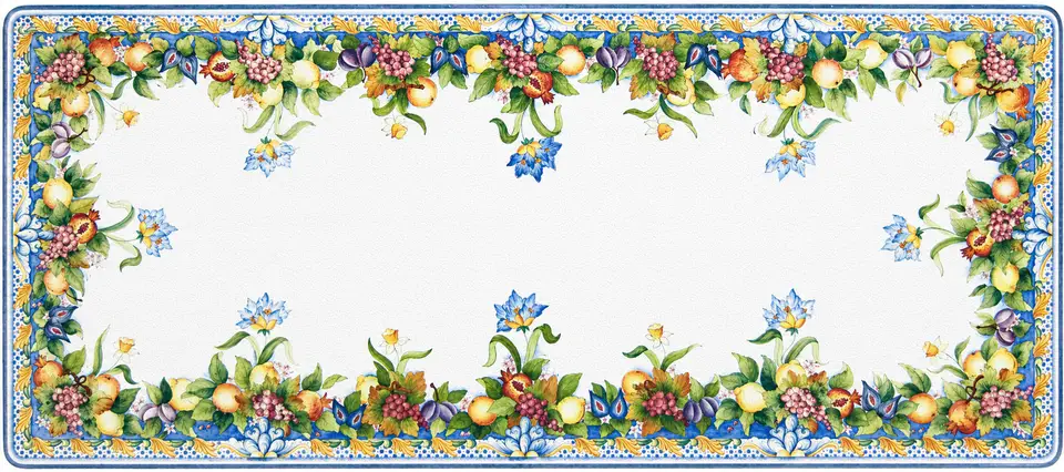 Piano rettangolare in pietra lavica con una cornice di frutta e fiori e ampio centro chiaro