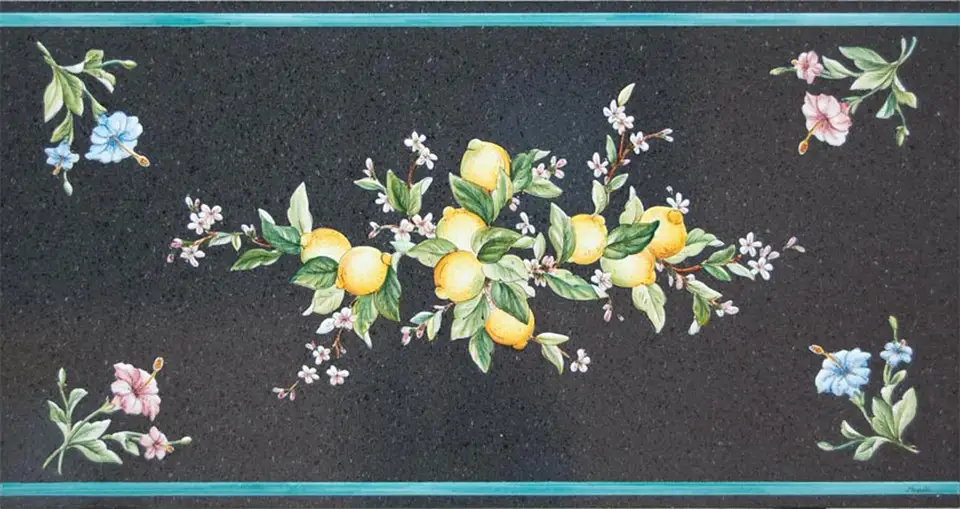 Tavolo in pietra lavica con sfondo pietra lavica naturale e decoro limoni dipinto a mano