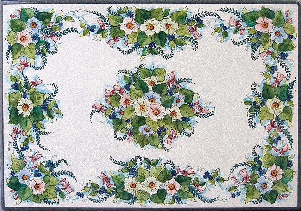 Tavolo in pietra lavica rettangolare con decoro fiori bianchi dipinti a mano