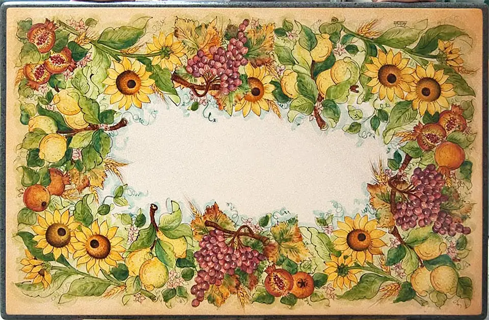 Tavolo in pietra lavica con girasoli, melograni e limoni. Decorato a mano in stile Caltagirone
