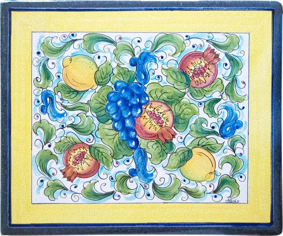 tavolo siciliano in pietra lavica rettangolare decorato a mano