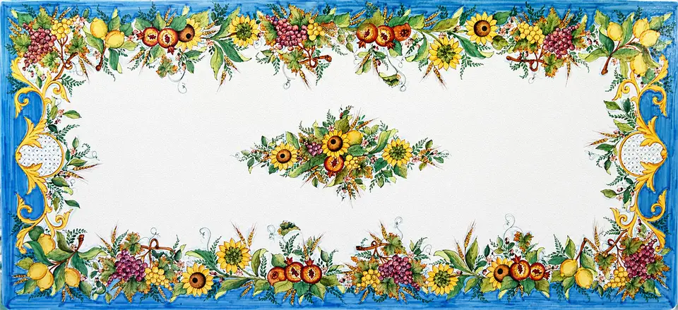 Tavolo in pietra lavica con decoro limoni, uva rossa e gialla, girasoli e melograni dipinto a mano