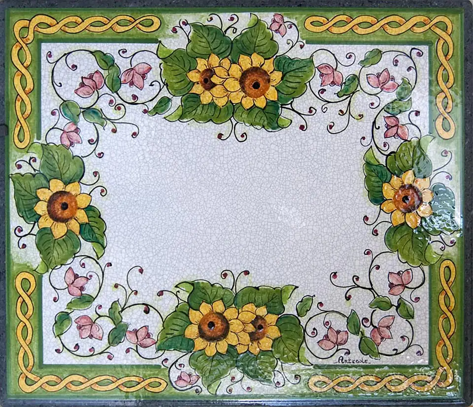Tavolo in pietra lavica con decoro girasoli dipinto a mano