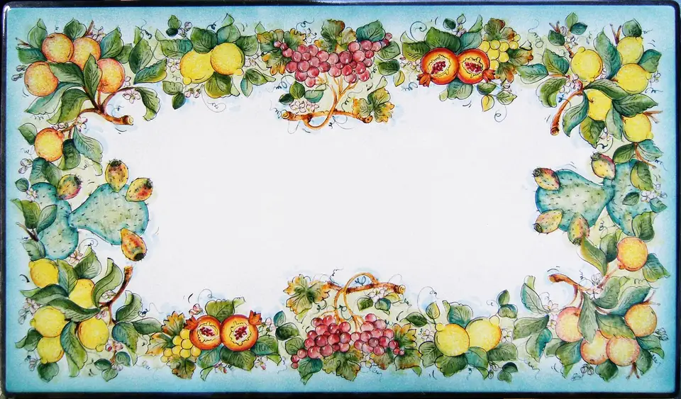 Tavolo rettangolare in pietra lavica decorato a mano con decoro limoni, melograni, uva rossa e gialla, arance e fichi d'India