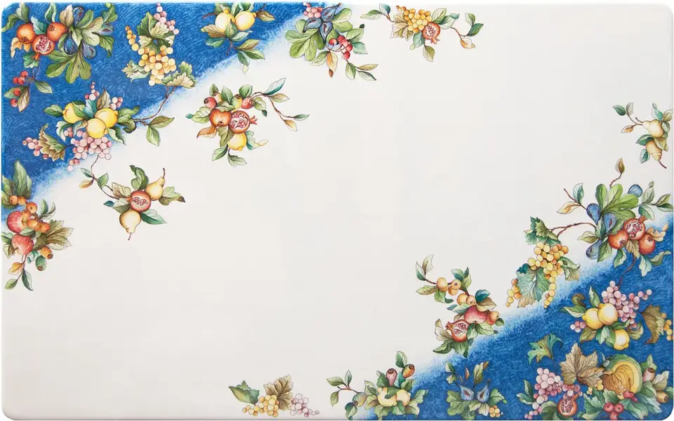 Piano rettangolare in pietra lavica con fasce diagonali blu e fiori bianchi e gialli