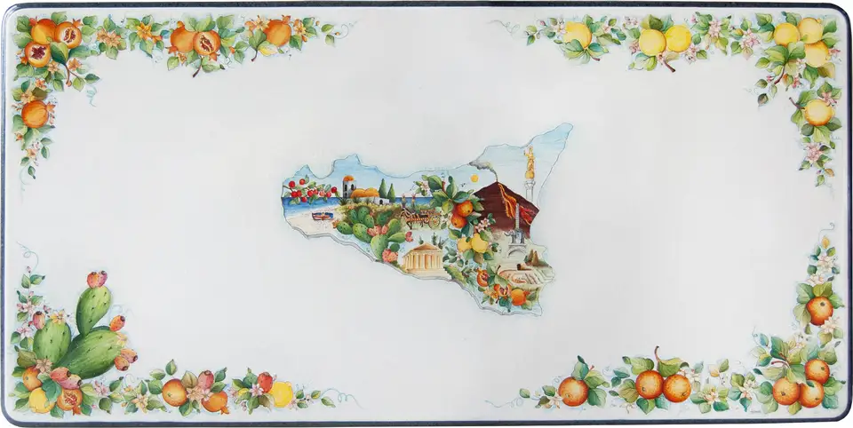 Tavolo in pietra lavica ceramizzato con decoro sicilia e frutta nostrana