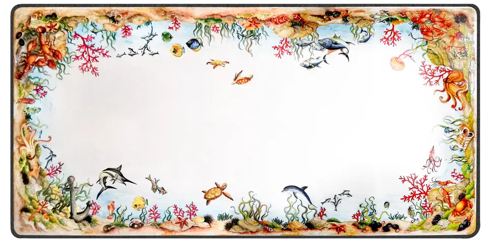 tavolo in pietra lavica rettangolare con decoro marino, pesci, aragoste, tartarughe, delfini