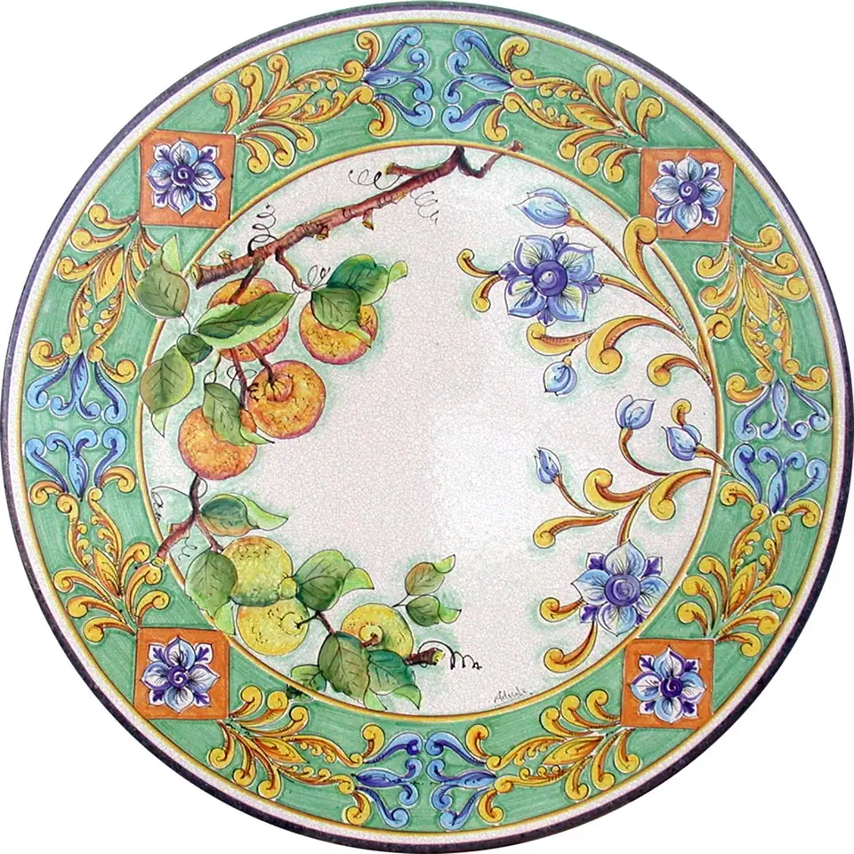 tavolo in pietra lavica rotondo con decoro arianna