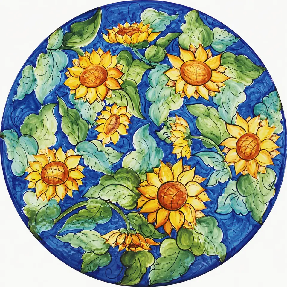 tavolo in pietra lavica rotondo con decoro campo di girasoli decorato a mano