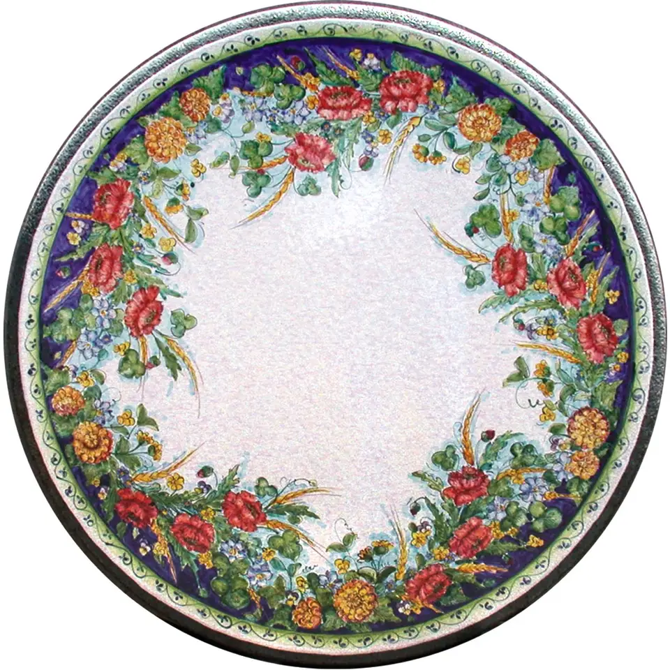 tavolo in pietra lavica rotondo con decoro papaveri e sfondo blu