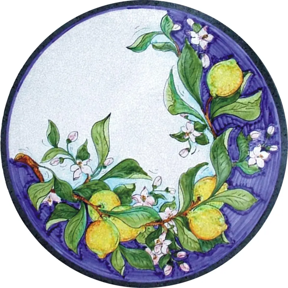 tavolo in pietra lavica decorato a mano, decoro limoni