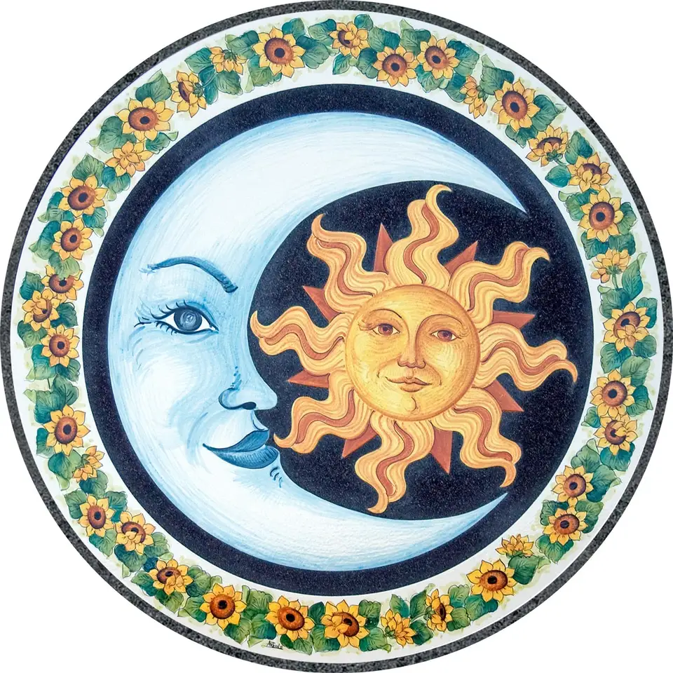 tavolo in pietra lavica decorato a mano con decoro sole luna