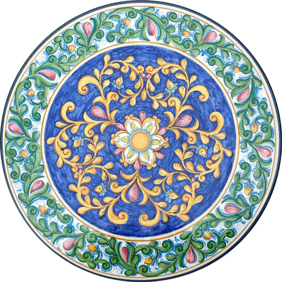 tavolo in pietra lavica rotondo con decoro ispirato allo stile Bassano del Grappa