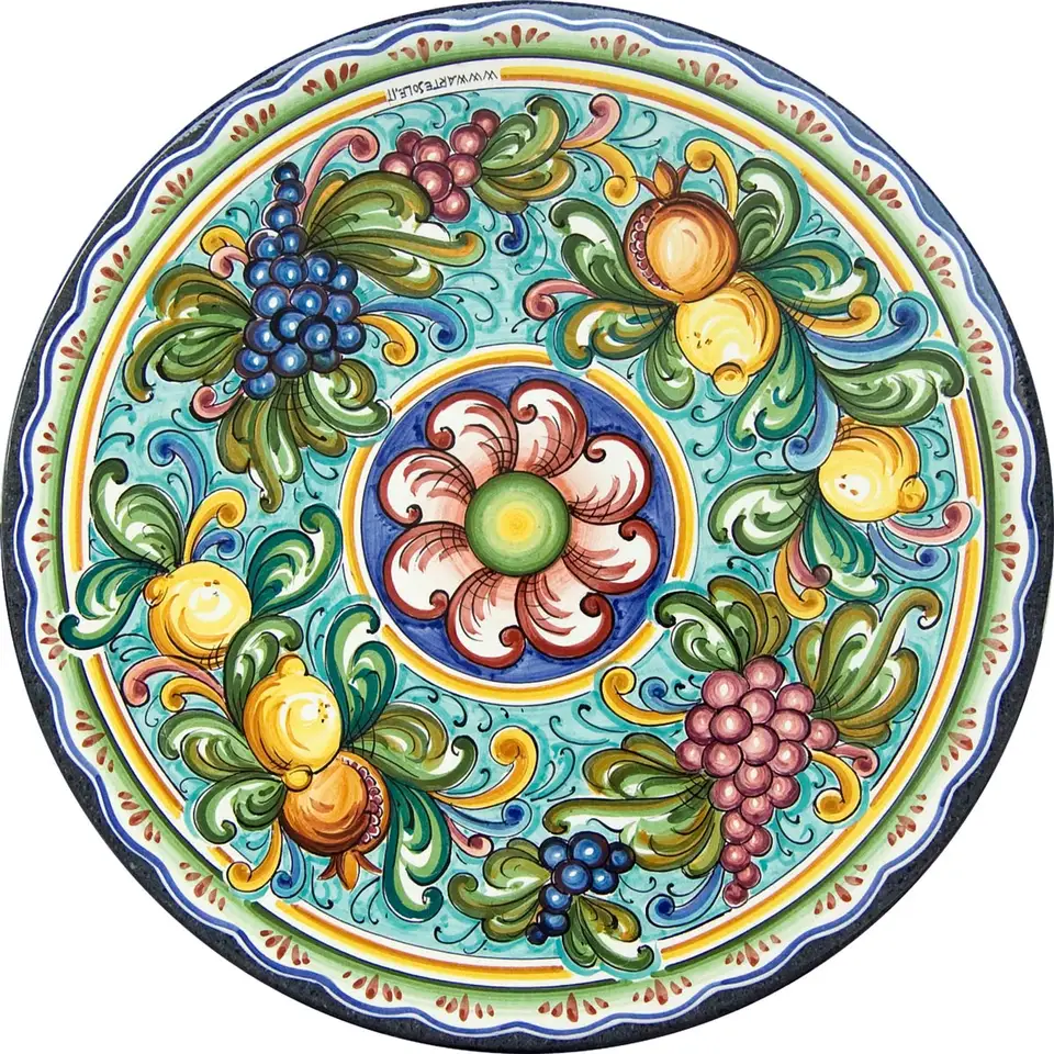 tavolo in pietra lavica con decoro fior di frutta decorato a mano