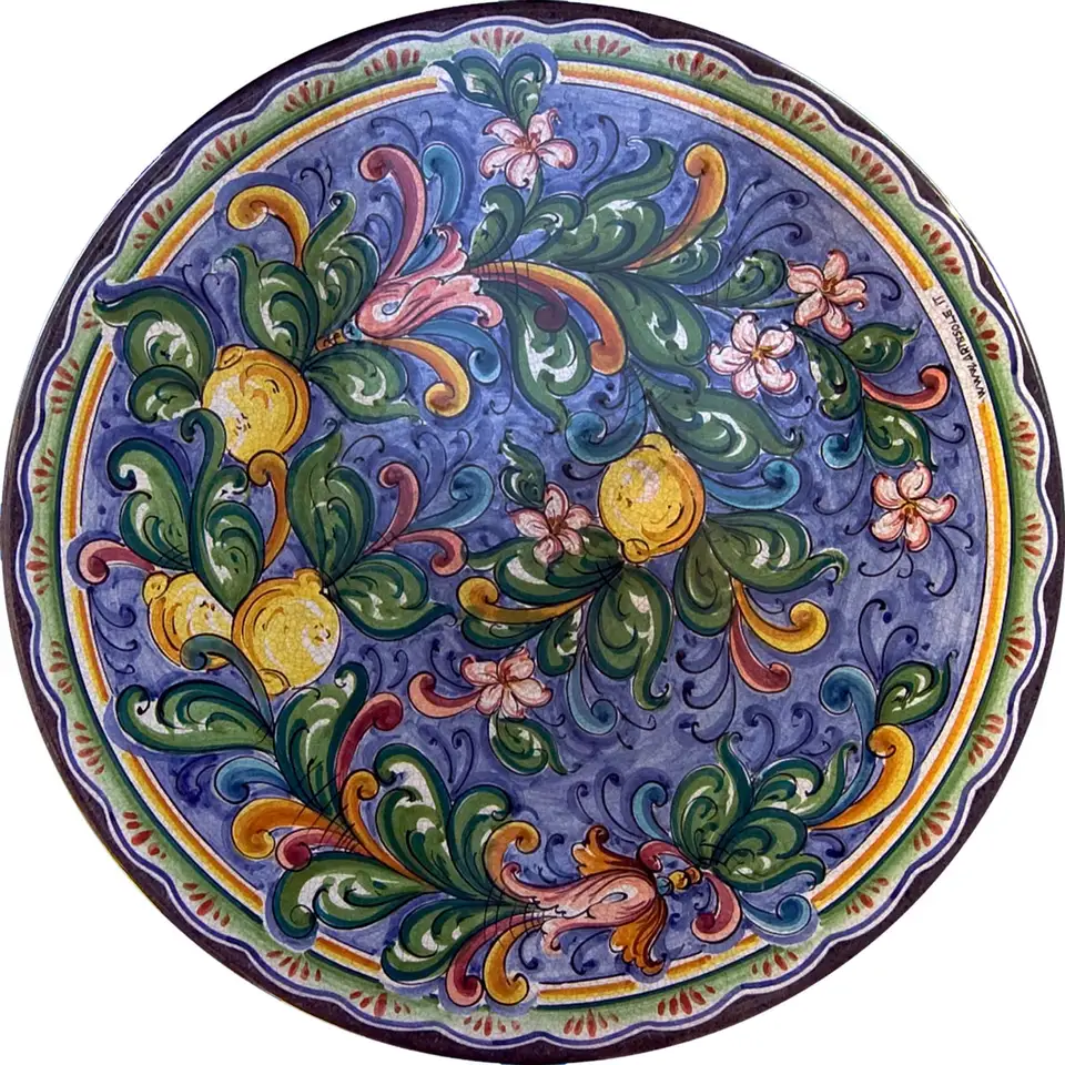 tavolo in pietra lavica con decoro cuor di limoni decorato e dipinto a mano
