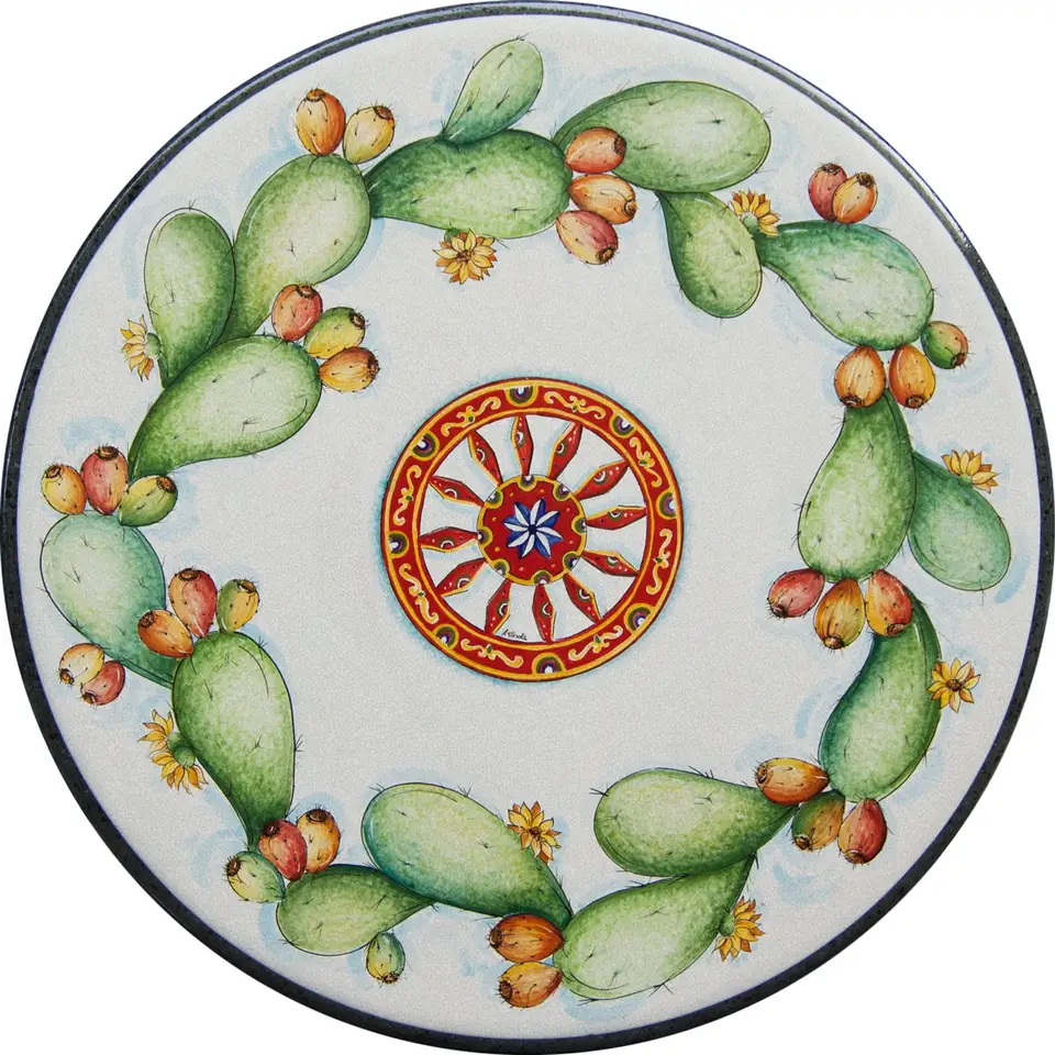 tavolo in pietra lavica con decoro fichi d'india e ruota carretto