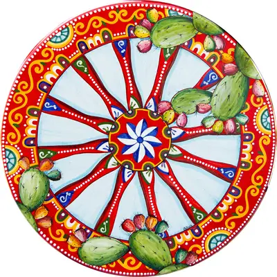 tavolo in pietra lavica con decoro ruota di carretto siciliano